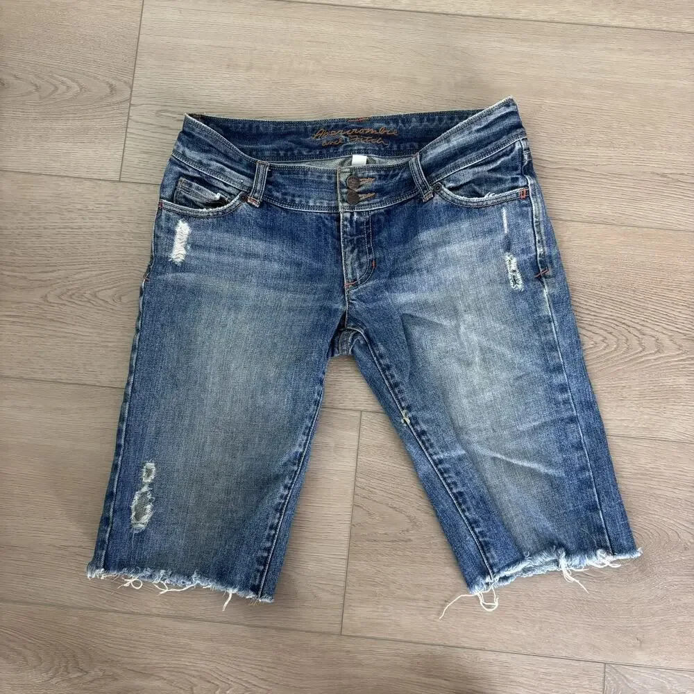 Abercrombie & Fitch Womens Low Rise Jean Shorts Y2K Long Bermuda Distress Denim